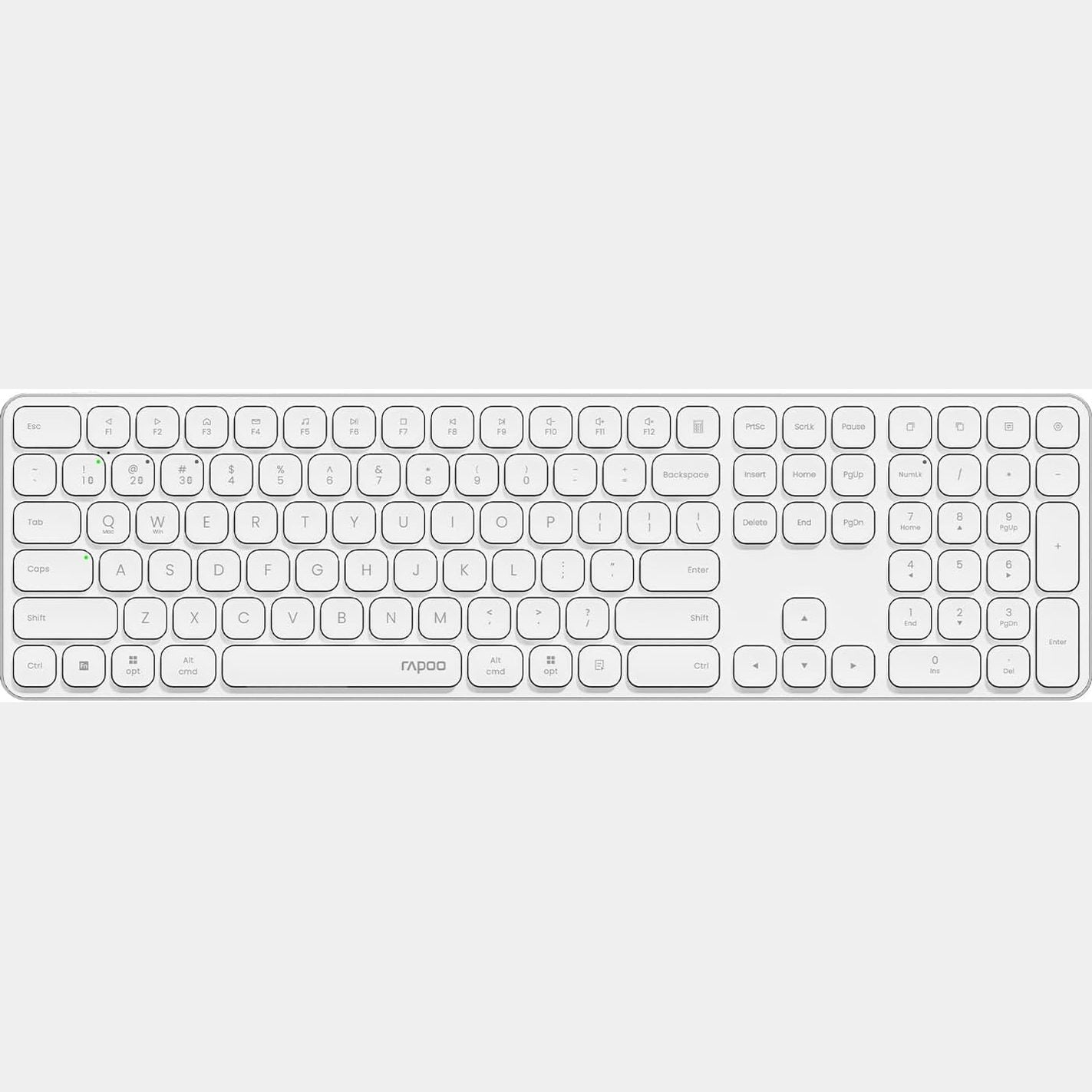 319925 - RAPOO Tastierë pa tel E9550L, ultra e hollë, 110 taste, Mbështet 4 pajisje, USB-C, e rikarikueshme, për Windows/Mac/Linux/Chrome, Paraqitje amerikane
