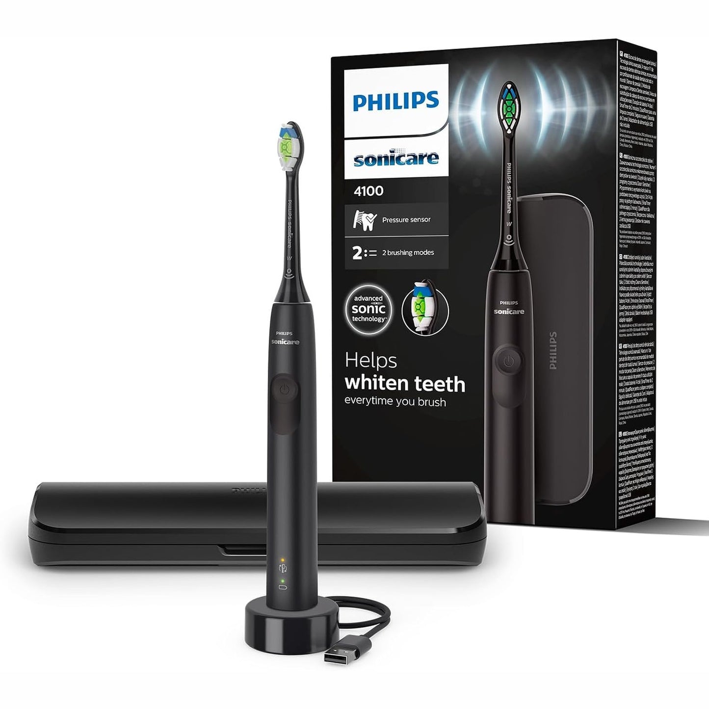 315520 - PHILIPS Sonicare 4100 Furçë dhëmbësh elektrike Sonicare për të rritur me 1 kokë furçe Philips W2 Optimal White në të zezë, çantë të hollë udhëtimi dhe karikues USB (modeli HX3683/54)