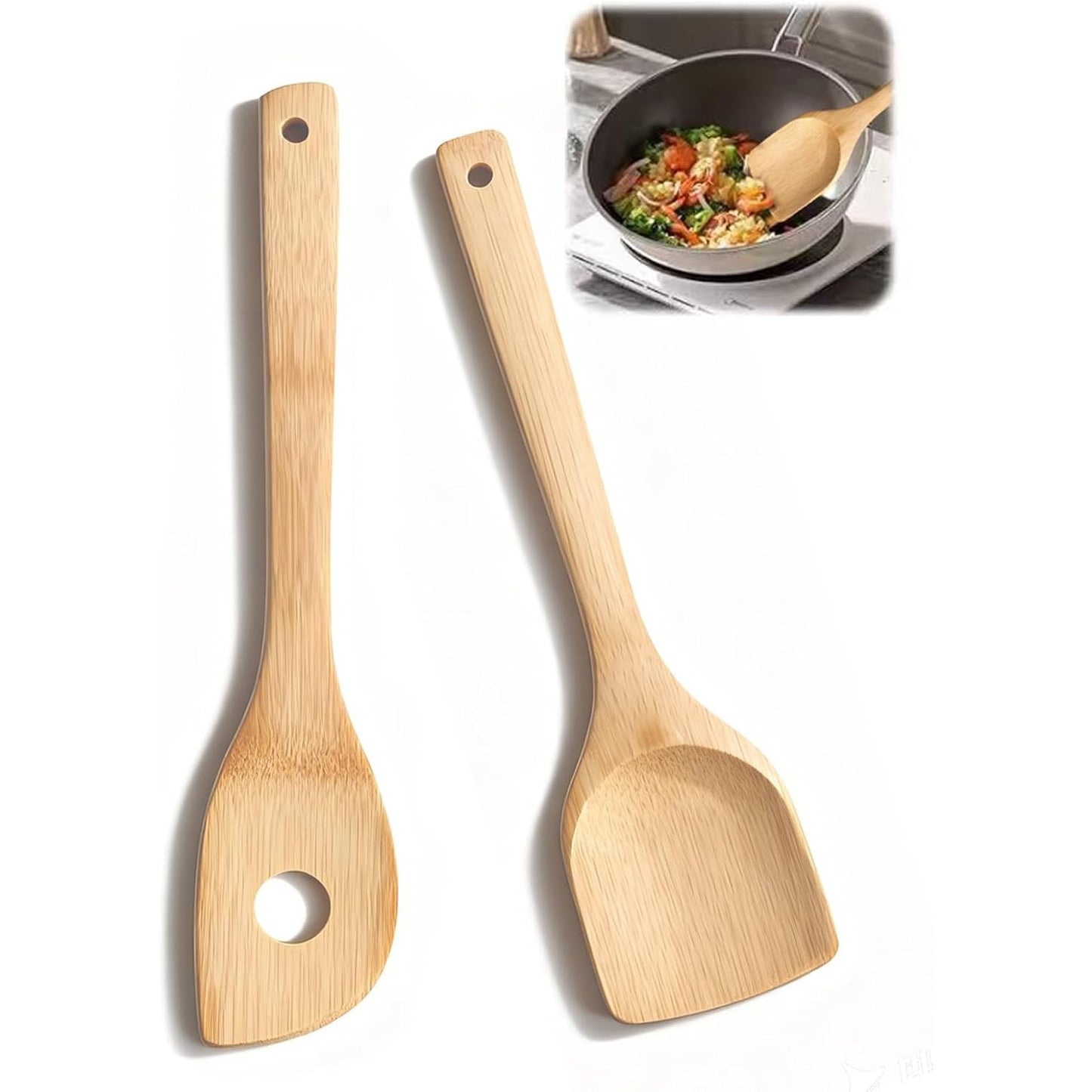288487 - Pako Sekfpnk me 2 lugë gatimi prej bambuje, lugë gatimi prej druri, spatula druri, të forta dhe të qëndrueshme