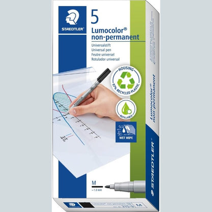 267233 - STAEDTLER Shënues jo i përhershëm Lumocolor, bojë e tretshme në ujë, gjerësi vije M 1 mm, e rimbushshme, 5 shënues të zinj, 315-9X
