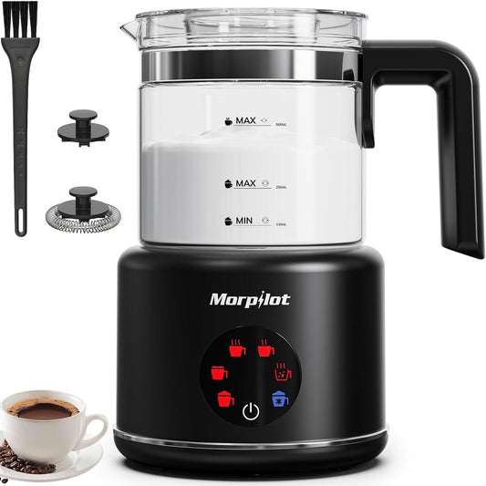 187155 - MORPILOT Shkumëzues Qumështi Elektrik 6 në 1 prej Qelqi, Kapacitet 250ml për Shkumëzim ose 500ml për Ngrohje Qumështi, Dizajn i Ndarë, Ngjyra e Zi