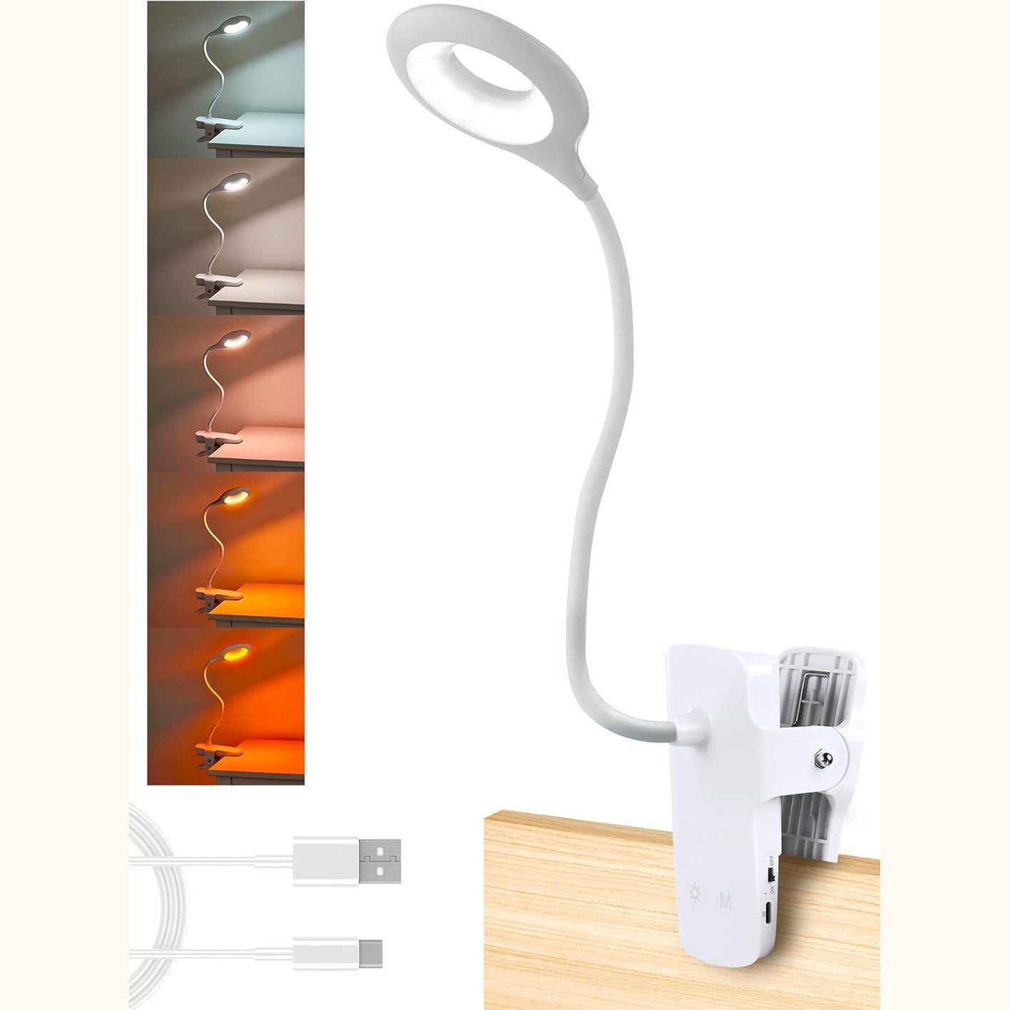 210920 - NATIONAL LIGHTING - Dritë LED e Rikarikueshme me USB, 4.5W, me Kapëse të Rregullueshme dhe Errësim me Kontroll Prekje, Qafa Fleksibile, 5 Ngjyra dhe Nivele Shkëlqimi, e Bardhë