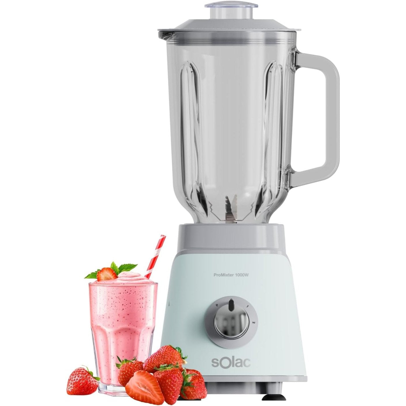 288346 - SOLAC Përzierës Pro 1000W, Kavanoz Qelqi 1.5L, 2 Shpejtësi + Turbo, 4 Tehe Çelik Inoks, Thërrmues Akulli, Sistem Sigurie, i përshtatshëm për lavastovilje, Aksesorë, Blu
