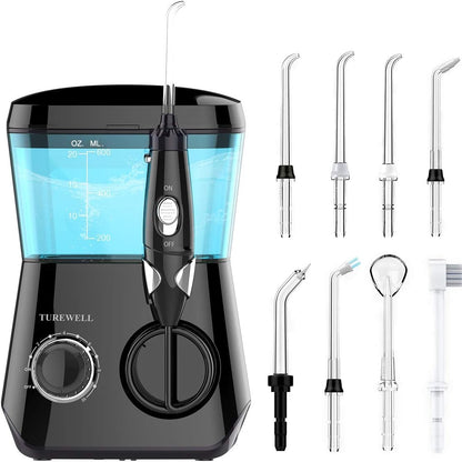 289790 - TUREWELL Ujitës Elektrik Oral, Pastrues Ndërdhëmbësh me 10 Nivele Presioni dhe 8 Gryka, IPX7, 600ML, i Zi