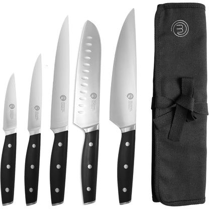 183149 - MASTERCHEF Set Profesional i Thikave të Kuzhinës me Kuti, Përfshin Thikë Shefi, Thikë Santoku, Prerëse, Thikë Qërimi dhe Thikë Përimesh, Çelik Inox, me Përmbajtje të Lartë Karboni, 5 Copë