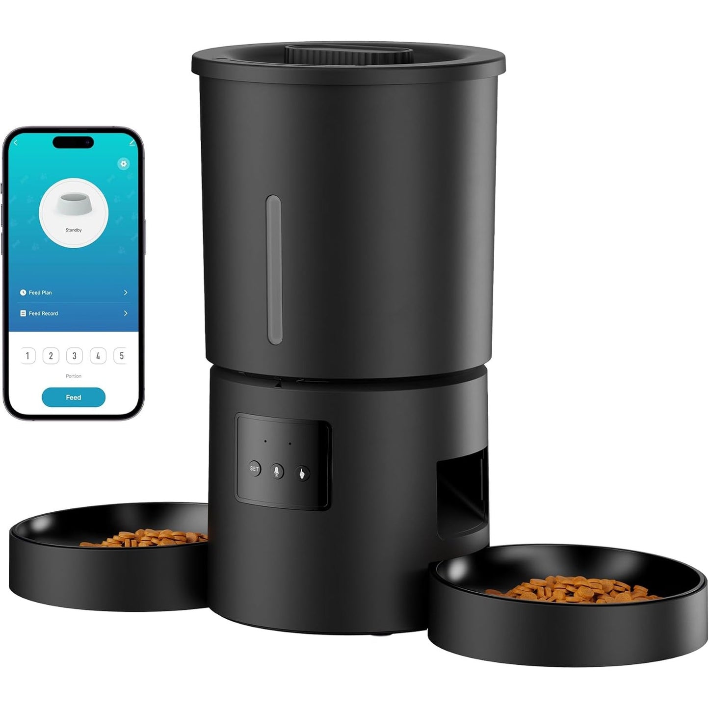255213 - AONBOY Ushqyes Automatik i Dyfishtë për Mace, Dispenser Automatik 5L me WiFi 2.4G dhe Kohëmatës për Ushqim të Tharë, E Zezë