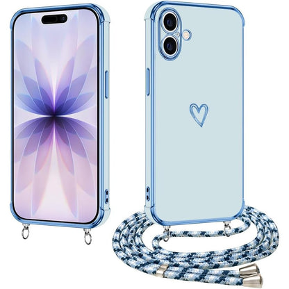 310575 - E-LUSH Mbrojtëse për iPhone 17 me rrip, silikon i elektrolizuar në formë zemre, me kordon për ta mbajtur rreth qafës, mbrojtëse nga kamera, rezistente ndaj goditjeve, blu