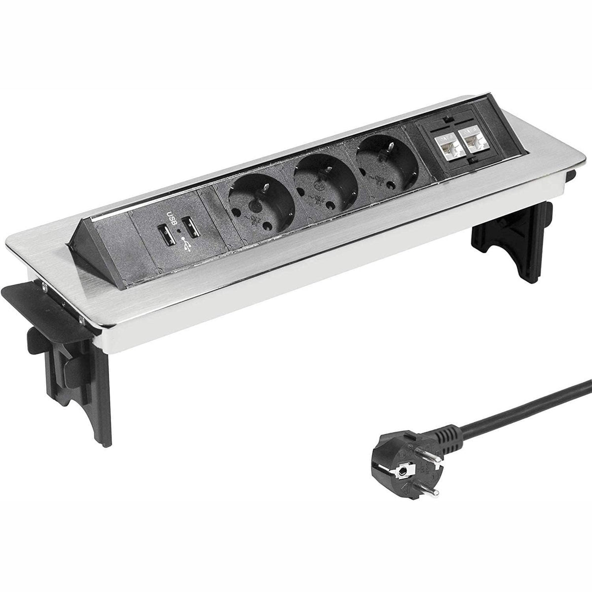 295638 - ELBE Prizë energjie e tërheqshme për tavolinë Inno (3 priza & 2 USB & 2 RJ45), prizë me shumë priza me mbulesë gjysmë-automatike për zyrë, prizë energjie e futur në inkaso prej alumini me pamje të zezë dhe gri