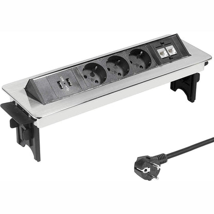 295638 - ELBE Prizë energjie e tërheqshme për tavolinë Inno (3 priza & 2 USB & 2 RJ45), prizë me shumë priza me mbulesë gjysmë-automatike për zyrë, prizë energjie e futur në inkaso prej alumini me pamje të zezë dhe gri