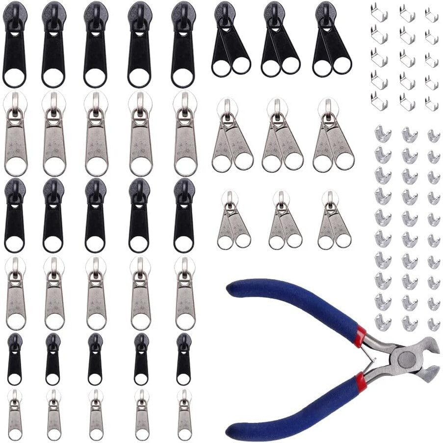 225314 - VooGenzek Kit riparimi zinxhirësh me 85 copë, Kit zëvendësues zinxhirësh me kapëse instalimi, për riparimin e xhinseve, palltove, xhaketave, zinxhirëve (të zinj dhe argjendtë)