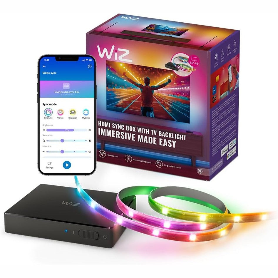 221090 - WIZ Kutia e sinkronizimit HDMI me ndriçim, HDMI 2.0, mbështet 4K në 60Hz, shirit LED RGBIC për televizorë 55"-65", kontroll me aplikacion/zë, kërkon burim të jashtëm videoje