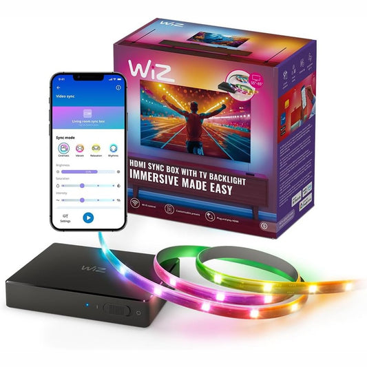 221089 - Kutia e sinkronizimit WiZ HDMI me ndriçim televizori, sinkronizon dritën me filma/lojëra etj., HDMI 2.0 mbështet 4K në 60Hz, shirit LED RGBIC për televizorë 55"-65", kontroll me aplikacion/zë, kërkon burim të jashtëm videoje