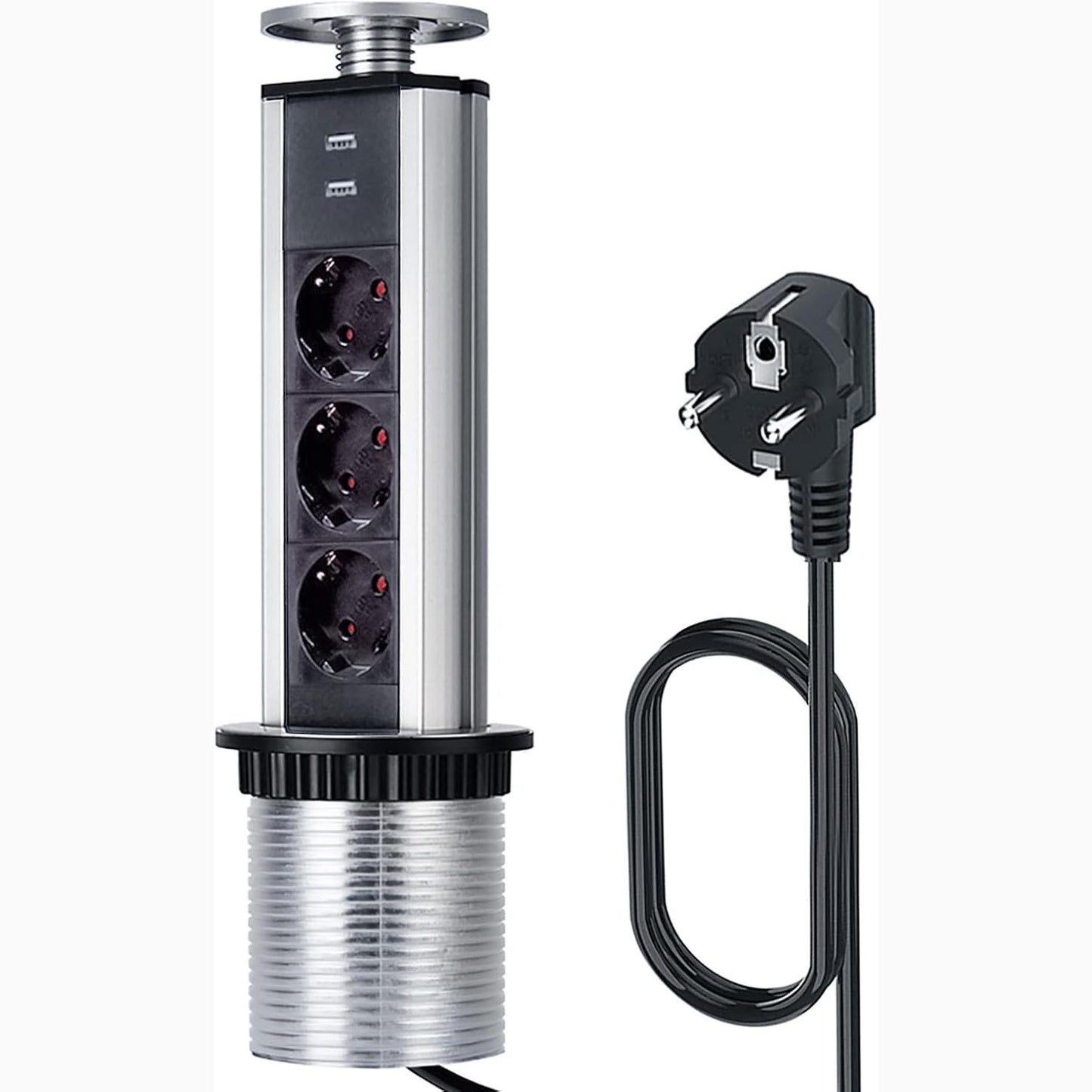 268212 - LEUTED Prizë elektrike me 3 drejtime për kuzhinë, shirit elektrik për tavolinë me 2 porta USB, kyç sigurie për fëmijë dhe kabllo 1.8 m, Ø80 mm