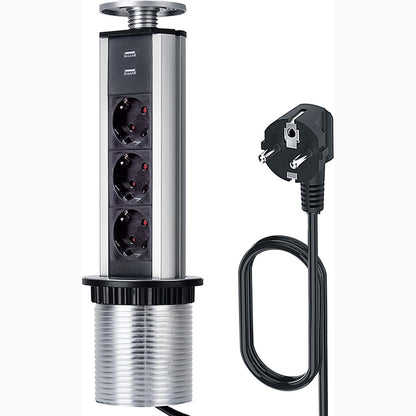 268212 - LEUTED Prizë elektrike me 3 drejtime për kuzhinë, shirit elektrik për tavolinë me 2 porta USB, kyç sigurie për fëmijë dhe kabllo 1.8 m, Ø80 mm