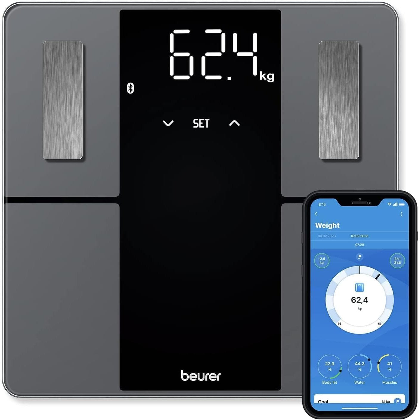 293244 - BEURER Peshore personale BF 500 me Bluetooth, kapacitet 180 kg, ekran XL, peshore analitike për dhjamin e trupit, masën muskulore, kërkesat për kalori