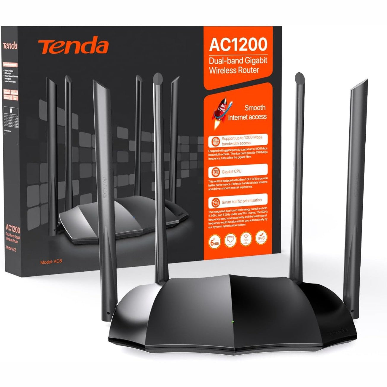 268349 - Tenda AC8 Router WiFi me dy banda (867 Mbps 5 GHz + 300 Mbps 2.4 GHz), 4x6dBi Antena, 3 Porta LAN/WAN Gigabit, Modalitet Përsëritësi, MU-MIMO, IPv6, WPS, E Zezë