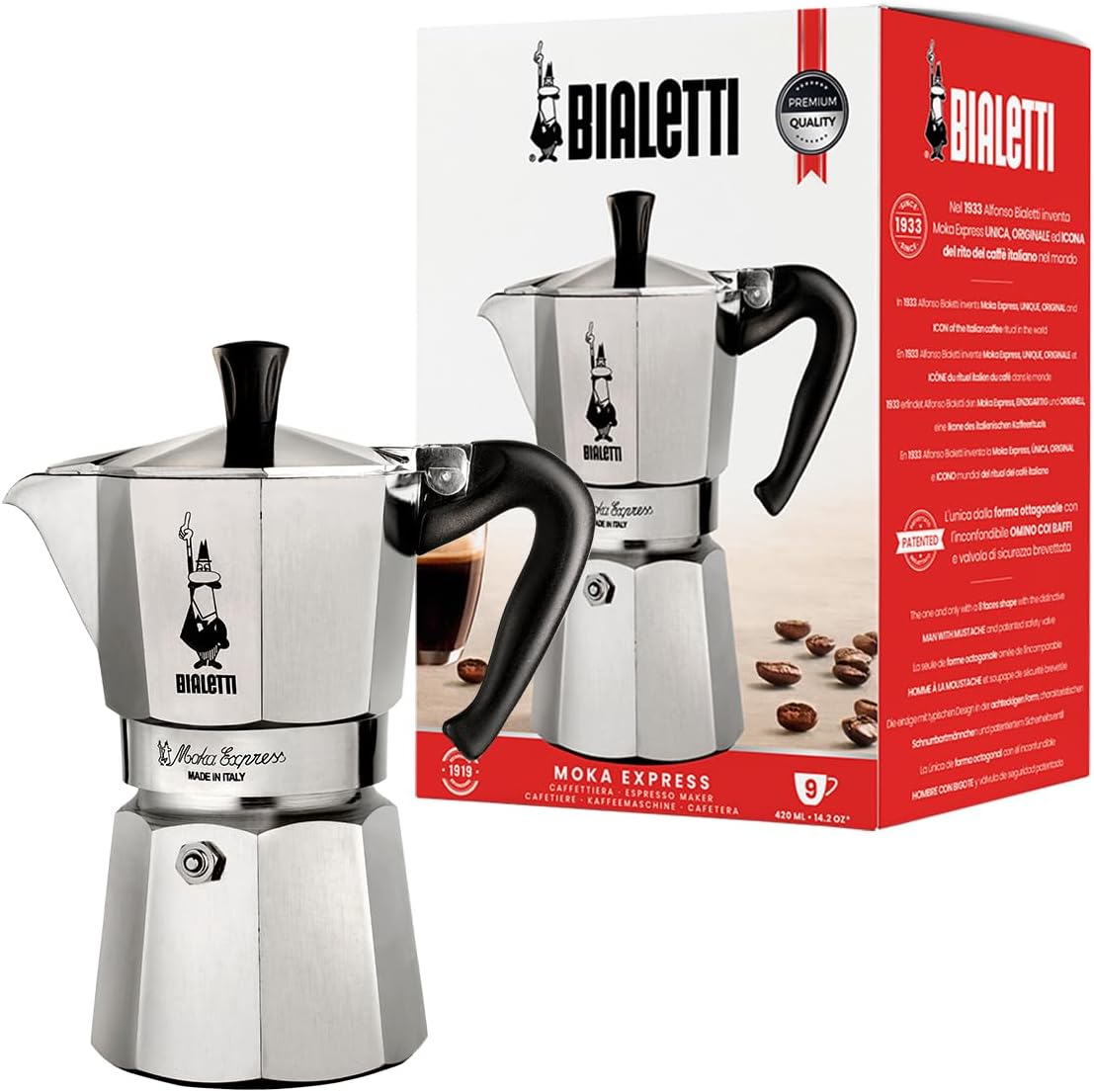 239709 - Bialetti Moka Express Makinë kafeje prej alumini (9 gota), 420 ml, argjend