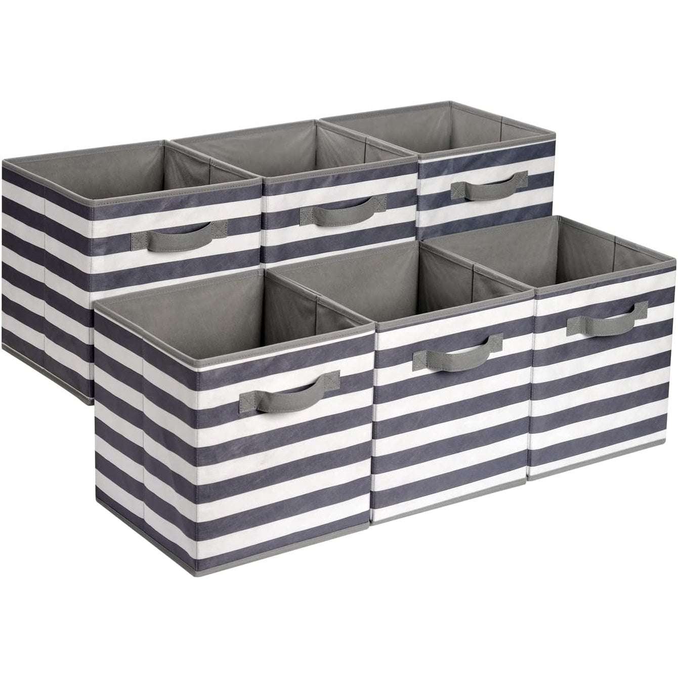 222019 - AMAZON BASICS Kub Ruajtës prej Pëlhure i Palosshëm me Doreza, Set me 6 copë, Model me Vija, i Bardhë dhe Gri i Çelët, 33 x 33 x 33 cm