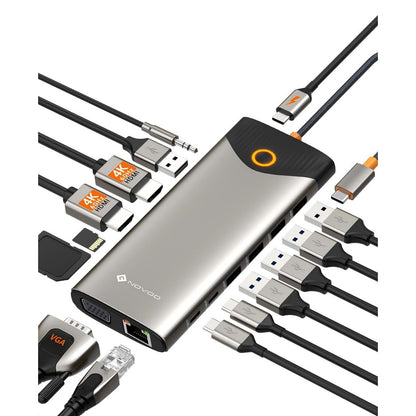 268207 - NOVOO Stacion Dokimi, USB-C, 15-në-1, 2 HDMI 4K@60Hz, VGA, USB-C/A 5Gbps, Lexues SD/TF, Gigabit Ethernet, Ekran i Jashtëm 100W PD, Buton Ndezjeje/Fikimi