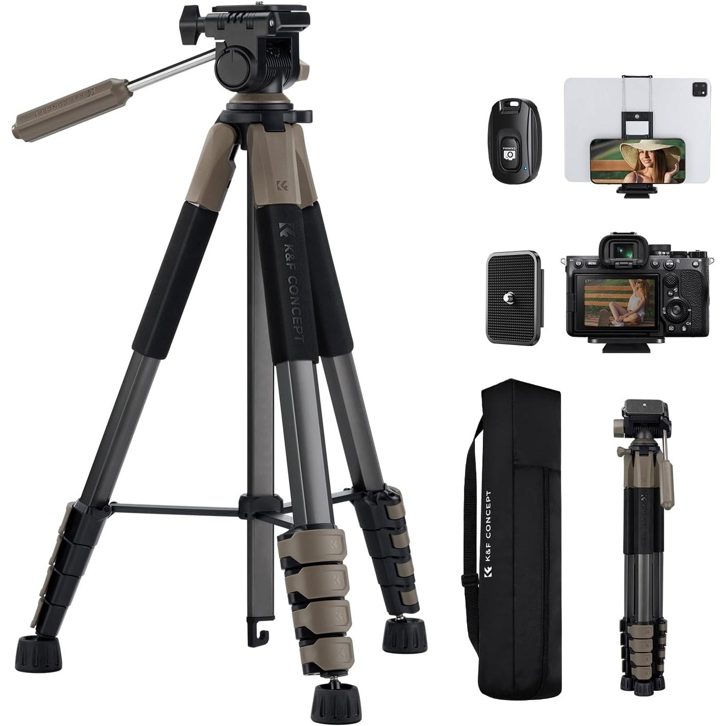 273230 - K&F CONCEPT Tripod Kamerash S255A3+BV01, Tripod i Lehtë 190cm, për Kamerë/DSLR/Videokamera, Tripod Udhëtimi me Mbajtëse Telefoni (Gri)