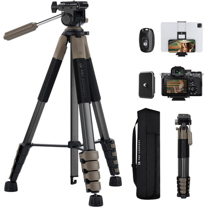 273230 - K&F CONCEPT Tripod Kamerash S255A3+BV01, Tripod i Lehtë 190cm, për Kamerë/DSLR/Videokamera, Tripod Udhëtimi me Mbajtëse Telefoni (Gri)