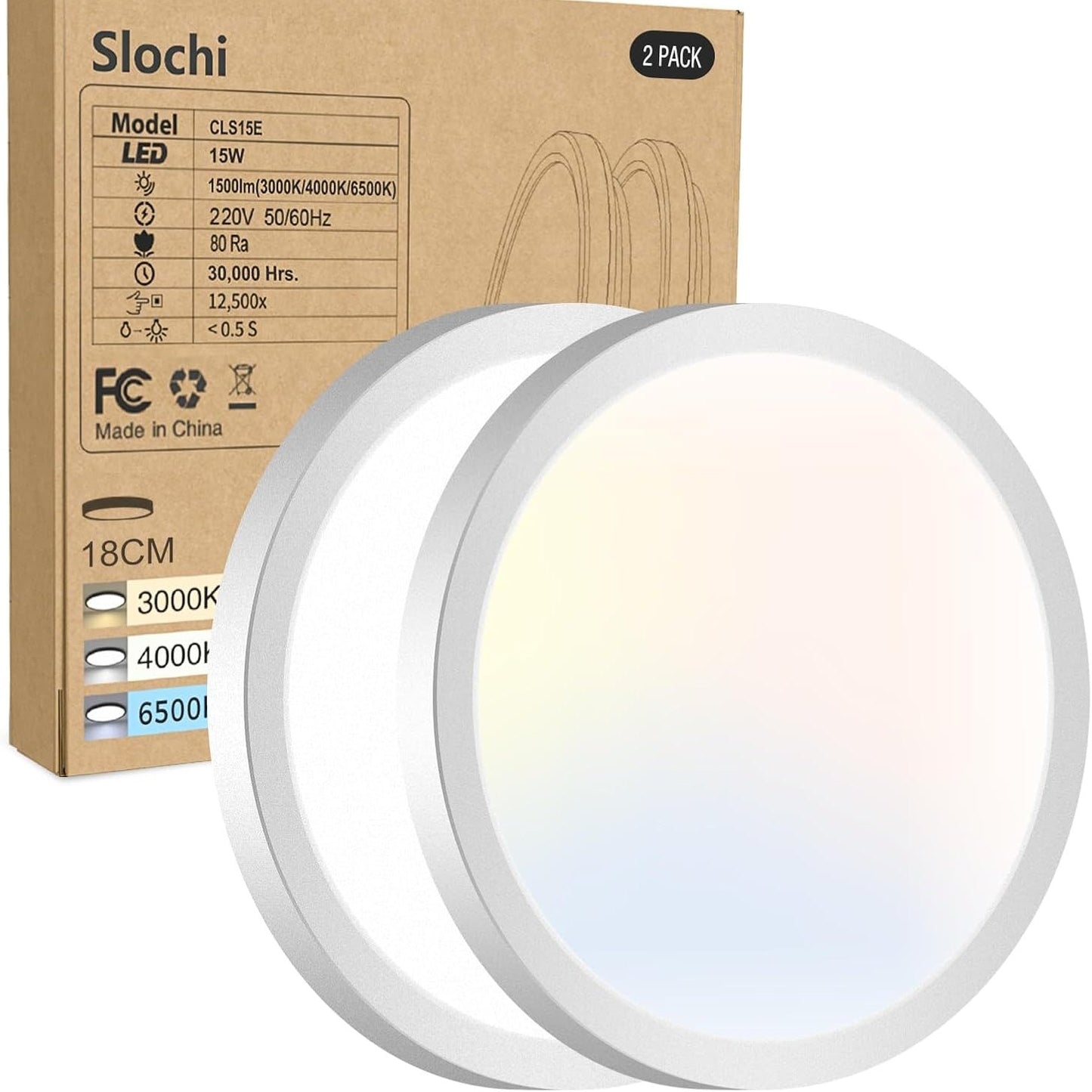 219229 - LLAMBË Tavani LED 3-Ngjyrëshe 3000/4000/6500K SLOCHI, e Sheshtë, Ø18 cm, 15W, 1500LM, Llambë Tavani LED Moderne e Rrumbullakët
