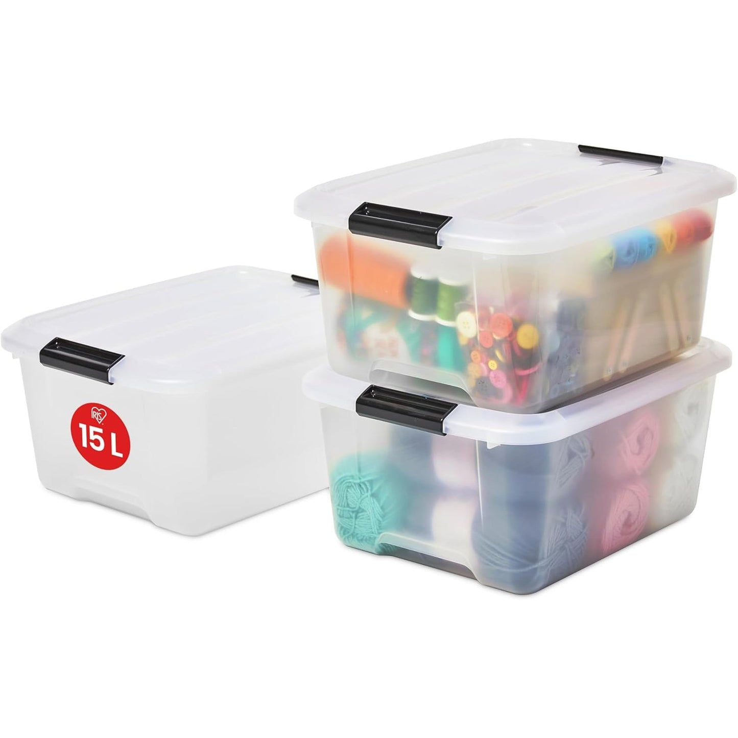 255827 - IRIS OHYAMA Kuti Plastike Ruajtjeje me Kapak, 15L, Set me 3 copë, Transparente, Mbyllje me Kapëse, Dorezë, Portative, TB-15
