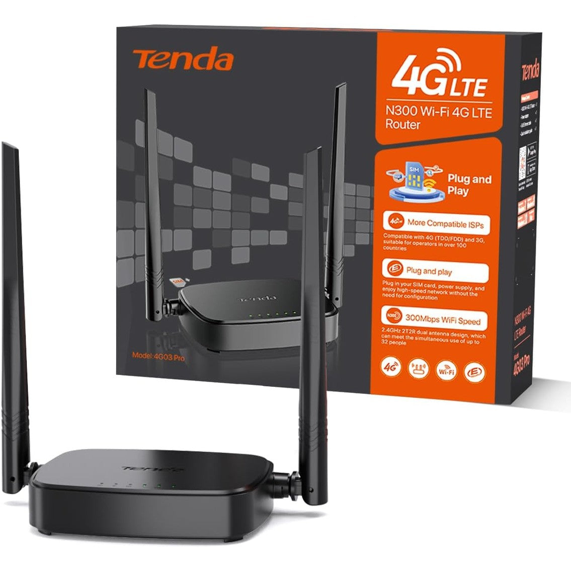 273232 - TENDA Router 4G03 Pro LTE, Kartë SIM për Router WiFi Mobile, 4G Cat4 deri në 150 Mbps, 300 Mbps 2.4GHz, deri në 32 pajisje, Kontroll Prindërore