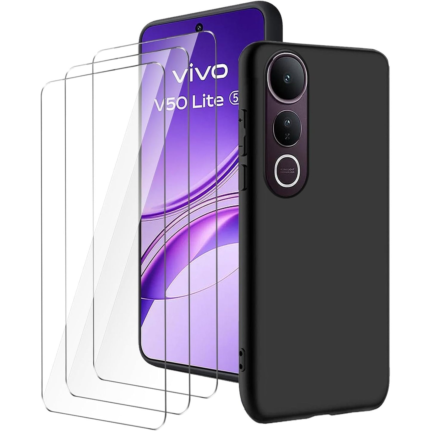 269434 - LYZXMY Mbrojtëse për Vivo V50 Lite 4G/V50 Lite 5G (6.77") e zezë për telefonin + 3 mbrojtëse ekrani prej qelqi të temperuar, mbulesë mbrojtëse prej silikoni të butë TPU