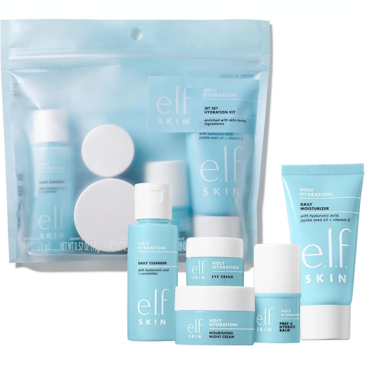 302131 - ELF Kit Hidratimi SKIN Jet Set, set kujdesi hidratues për udhëtim, përfshin pastrues fytyre, balsam, krem hidratues, krem për sytë dhe krem nate