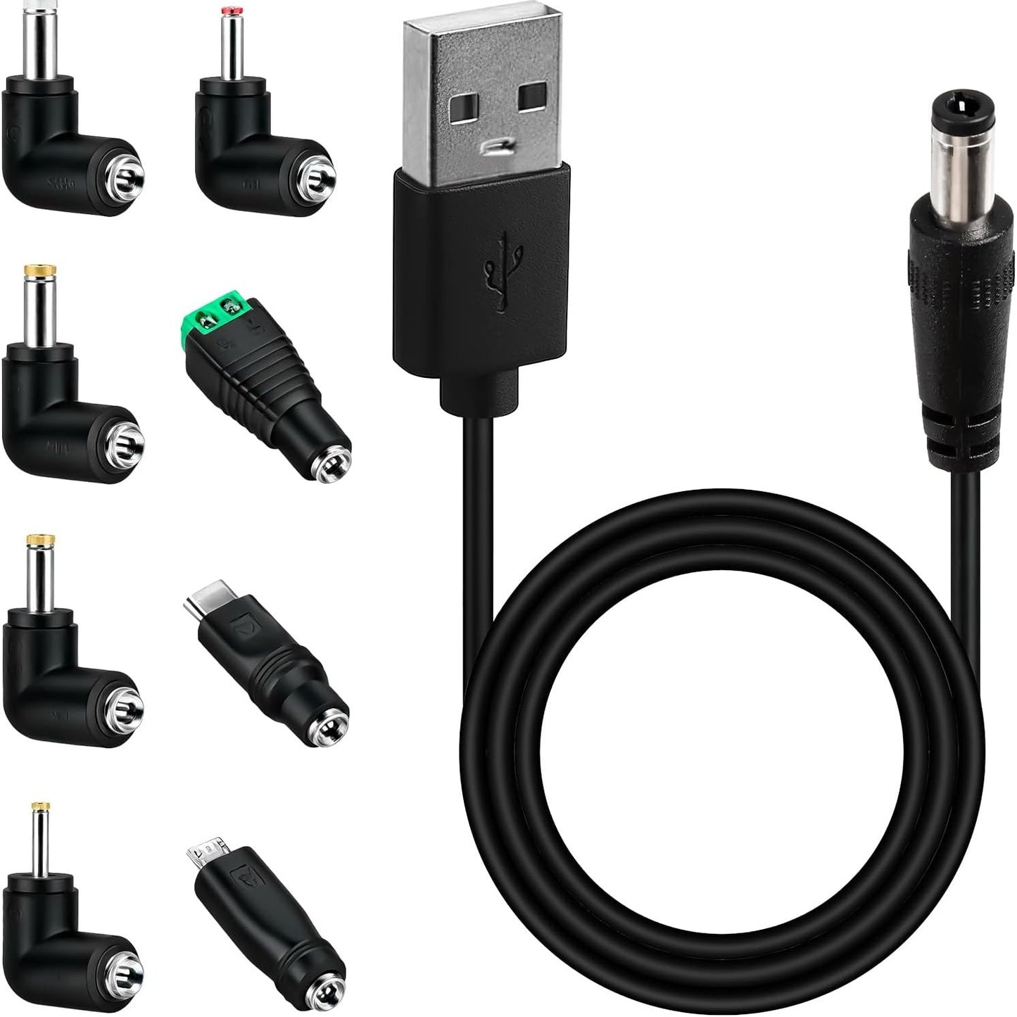 277226 - Kabllo Universal Energjie USB në DC 5V, 5.5 mm * 2.1 mm, me 8 Konektorë Jack për Mikro Tablet
