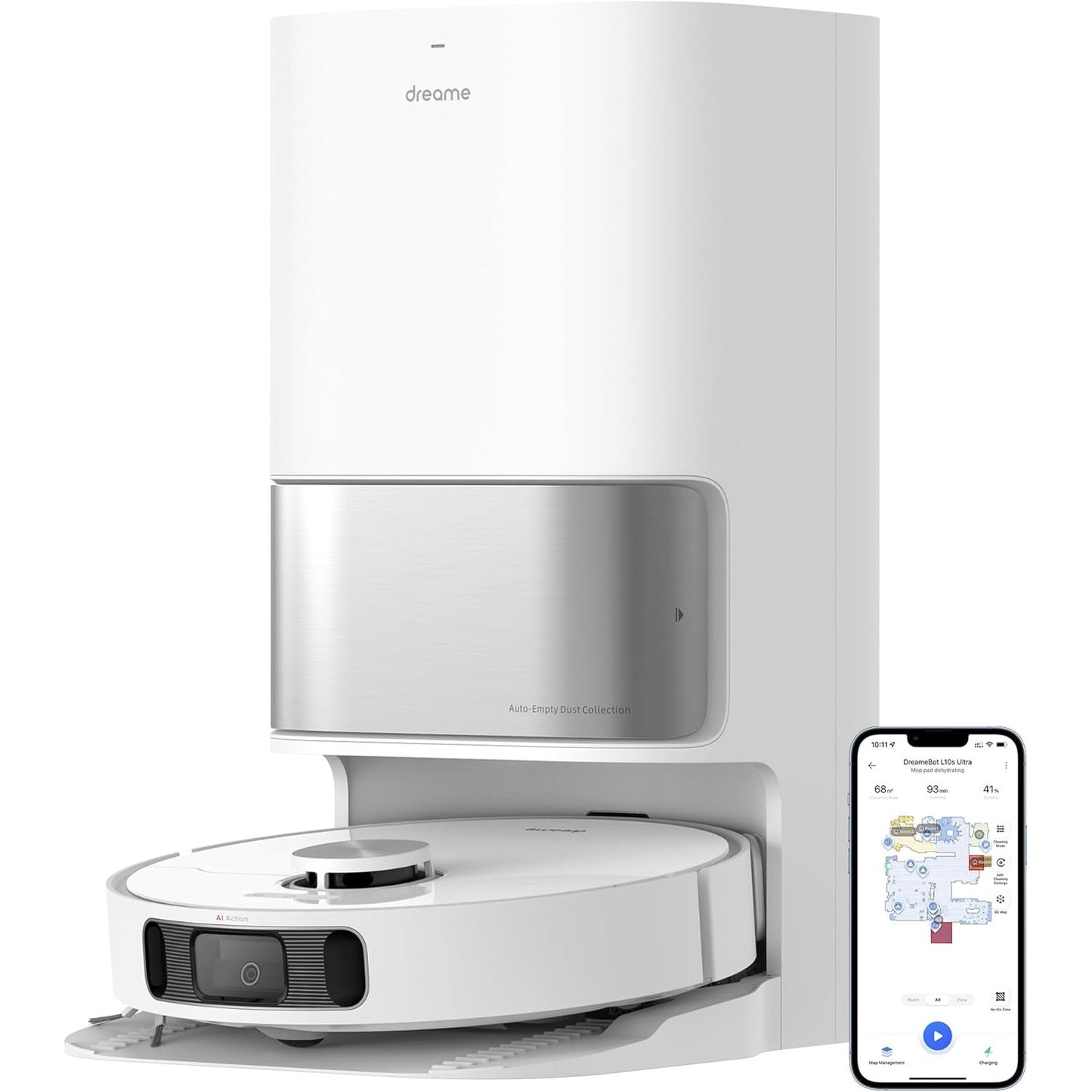 83019 - DREAME L10S Ultra Fshesë dhe Mop Robot Me Stacion Vetëpastrimi (Mbledhje Automatike e Pluhurit), Zbulim Pengesash 3D, Kohë Funksionimi 210 Minuta, Fuqi Thithjeje 5300Pa, WiFi/APP/Alexa, e Bardhë Argjendi