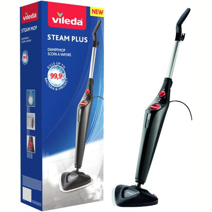 118290 - Vileda Steam Mop Steam PLUS, Pastrues me avull i zi për të gjitha dyshemetë, Vret dhe largon viruset, mikrobet dhe bakteret deri në 99.9%, 3 cilësime avulli, Rezervuar uji 400ml, Ngrohet në 15 sekonda, Arrin në cepa
