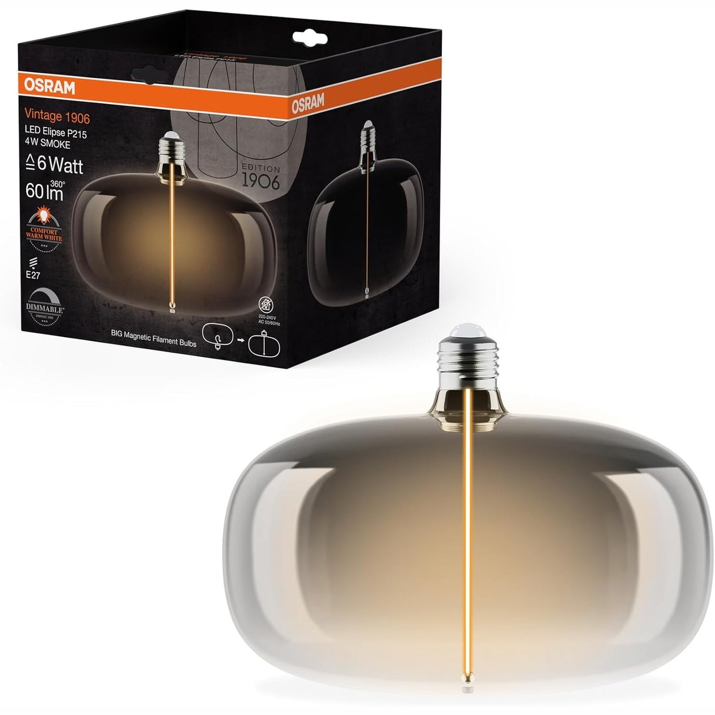 167492 - OSRAM Vintage 1906 Big Elipse, llambë LED eliptike me filament, 4W, 60 lm, prizë E27, dizajn tymi, diametër 215 mm, CRI 80, temperaturë ngjyre 1800 K
