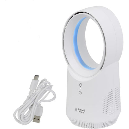 217638 - RUSSELL HOBBS Ventilator kompakt pa tel për tavolinë, 3 cilësime shpejtësie, dizajn pa tehe, ndriçim ambienti në të zezë, RHBLDLUSB25B