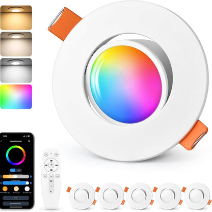 250554 - GeyouLux - Drita të fshehura LED RGB, Spot LED inteligjent 230V 2700K-6500K, Drita të fshehura ultra të sheshta 68-80mm 5W IP44, Spot tavani rrotullues 45° të bardha, pako me 6 copë