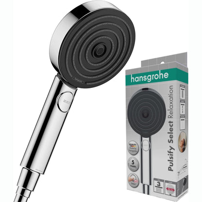 288599 - HANSGROHE Pulsify Select S - dush dore, kokë dushi me 3 modele spërkatjeje (versioni Relaksues), kokë dushi e rrumbullakët (⌀ 105 mm), me sistem kundër gëlqeres, krom, 24110000