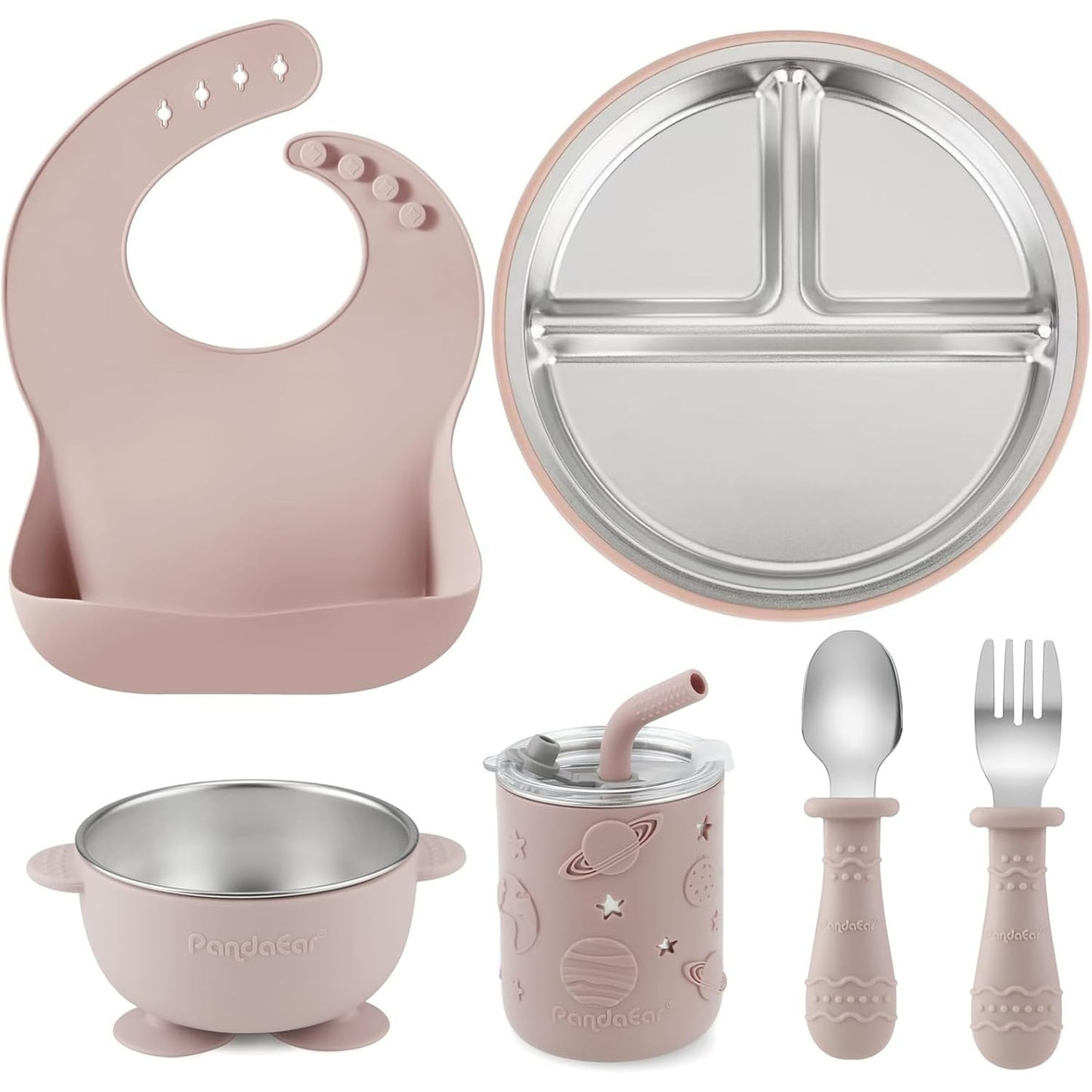 228733 - Set enësh darke për fëmijë PandaEar, çelik inox, me mbështjellës silikoni, pjatë, tas, filxhan, lugë dhe pirunë, pa BPA