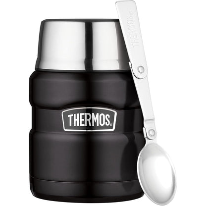 196517 - STAINLESS KING Termos Ushqimor në Ngjyrë të Zezë Mat, 0.47L - Çelik Inox, Pa BPA, i Papërshkueshëm nga Rrjedhjet, Mbajtja e Ushqimit të Ngrohtë Për 9 Orë dhe të Ftohtë Për 14 Orë, me Lugë të Palosshme