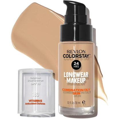 318127 - REVOLON - Fondatinë ColorStay, SPF 15, me Vitaminë E, Mbulim Mesatar-i Lartë, Qëndrueshmëri e Gjatë, Përfundim Mat, I papërshkueshëm nga uji, për lëkurë të kombinuar-të yndyrshme, Nuanca 180, Bezhë Rëre, 30 ml