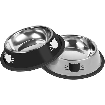 248607 - SERENTIVE Set me 2 pjesë me tasa ushqimi për mace prej çeliku inox, kapacitet 200 ml, e zezë, gri