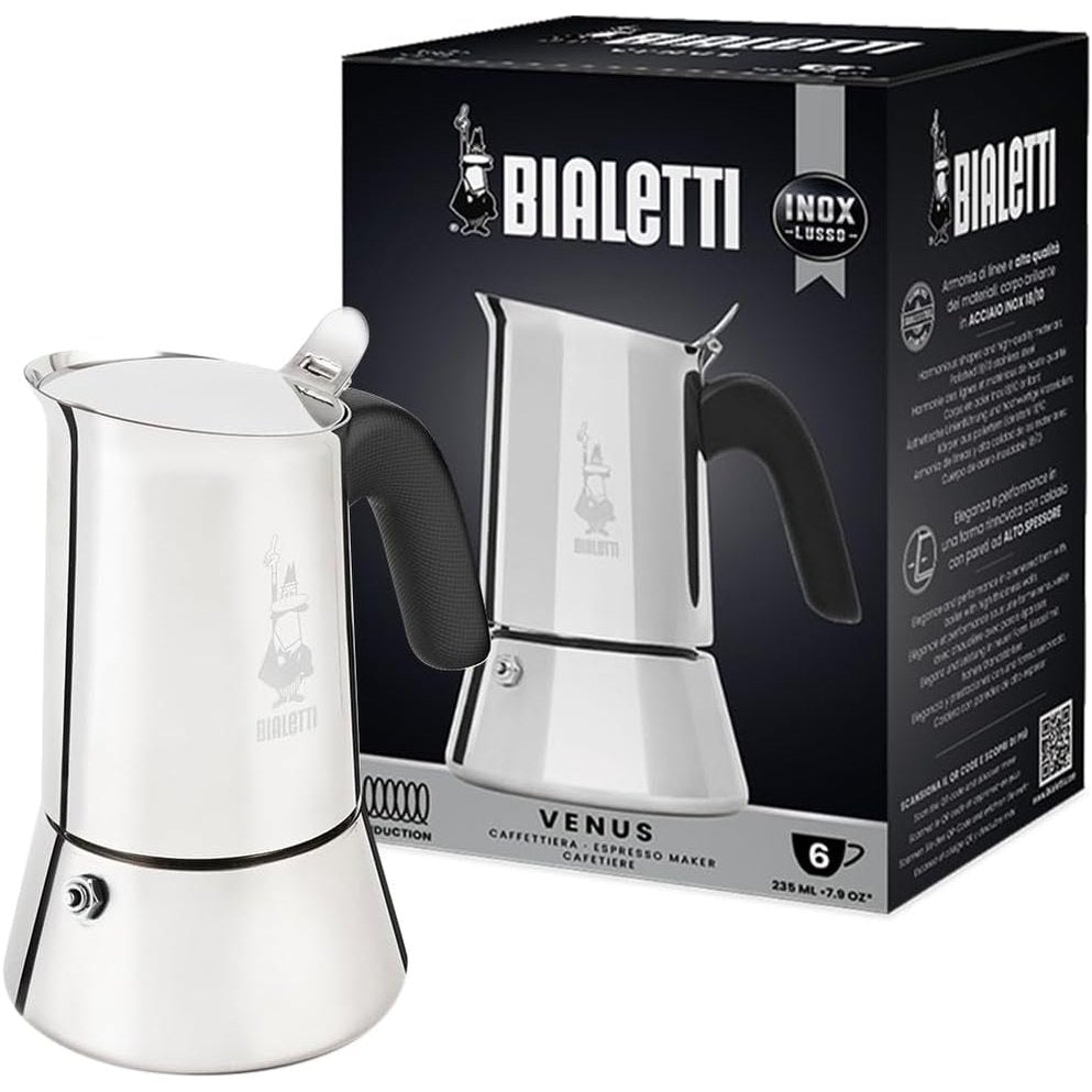 199774 - BIALETTI - Venus Induction i ri, Makinë për Espresso prej Çeliku Inox, Kapaciteti 235 ml, për 6 Gota Kafe, e Përshtatshme për Të Gjitha Sipërfaqet e Sobës, Ngjyra Argjendi