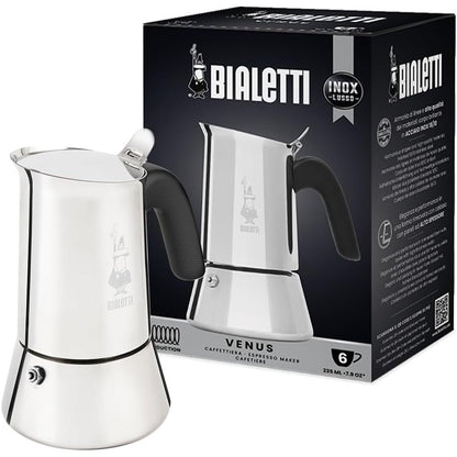 199774 - BIALETTI - Venus Induction i ri, Makinë për Espresso prej Çeliku Inox, Kapaciteti 235 ml, për 6 Gota Kafe, e Përshtatshme për Të Gjitha Sipërfaqet e Sobës, Ngjyra Argjendi
