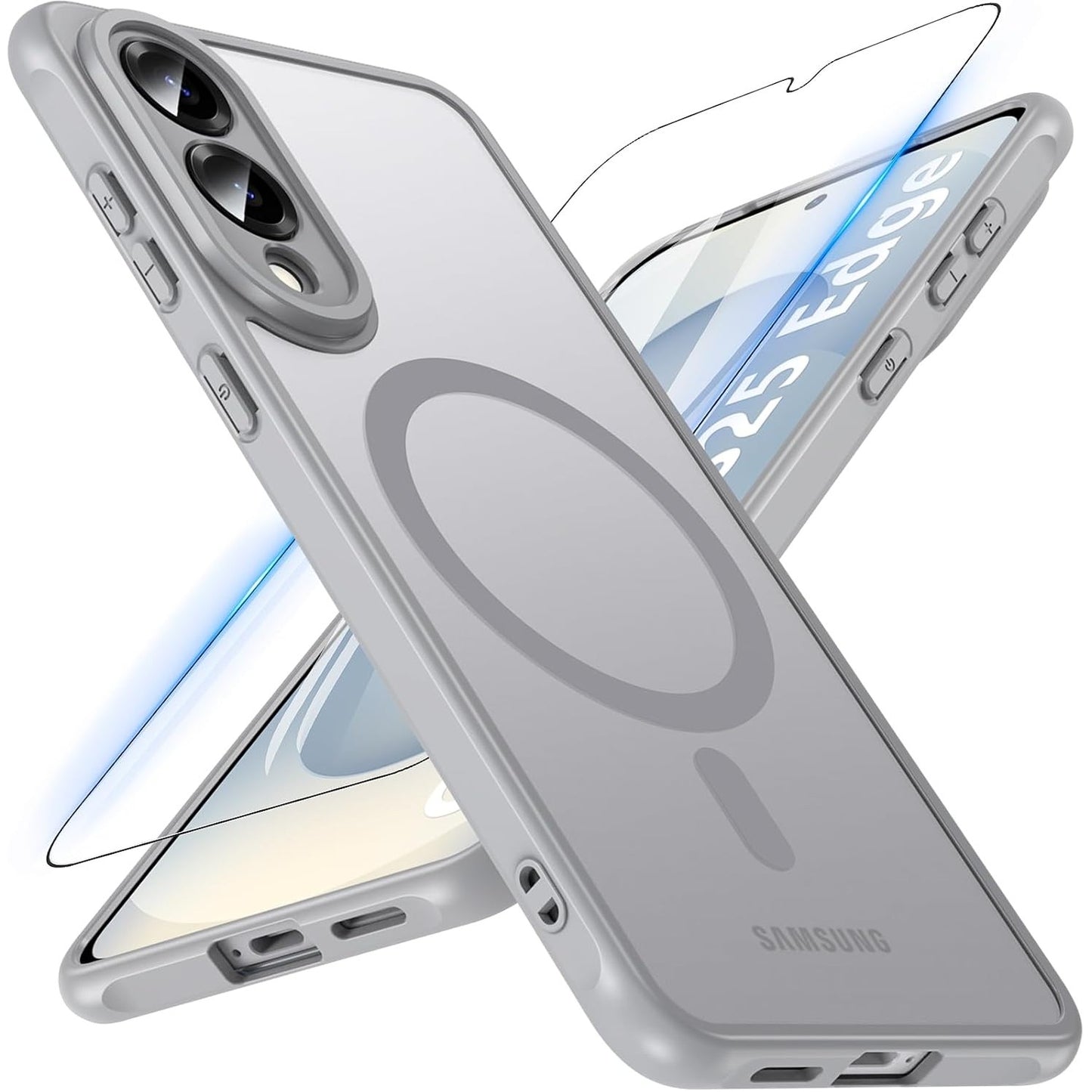 269053 - MBËSHTJELLËS MAGNETIK për Samsung Galaxy S25 Edge, me xham të temperuar, mbrojtës ushtarak, mat transparente, Gri