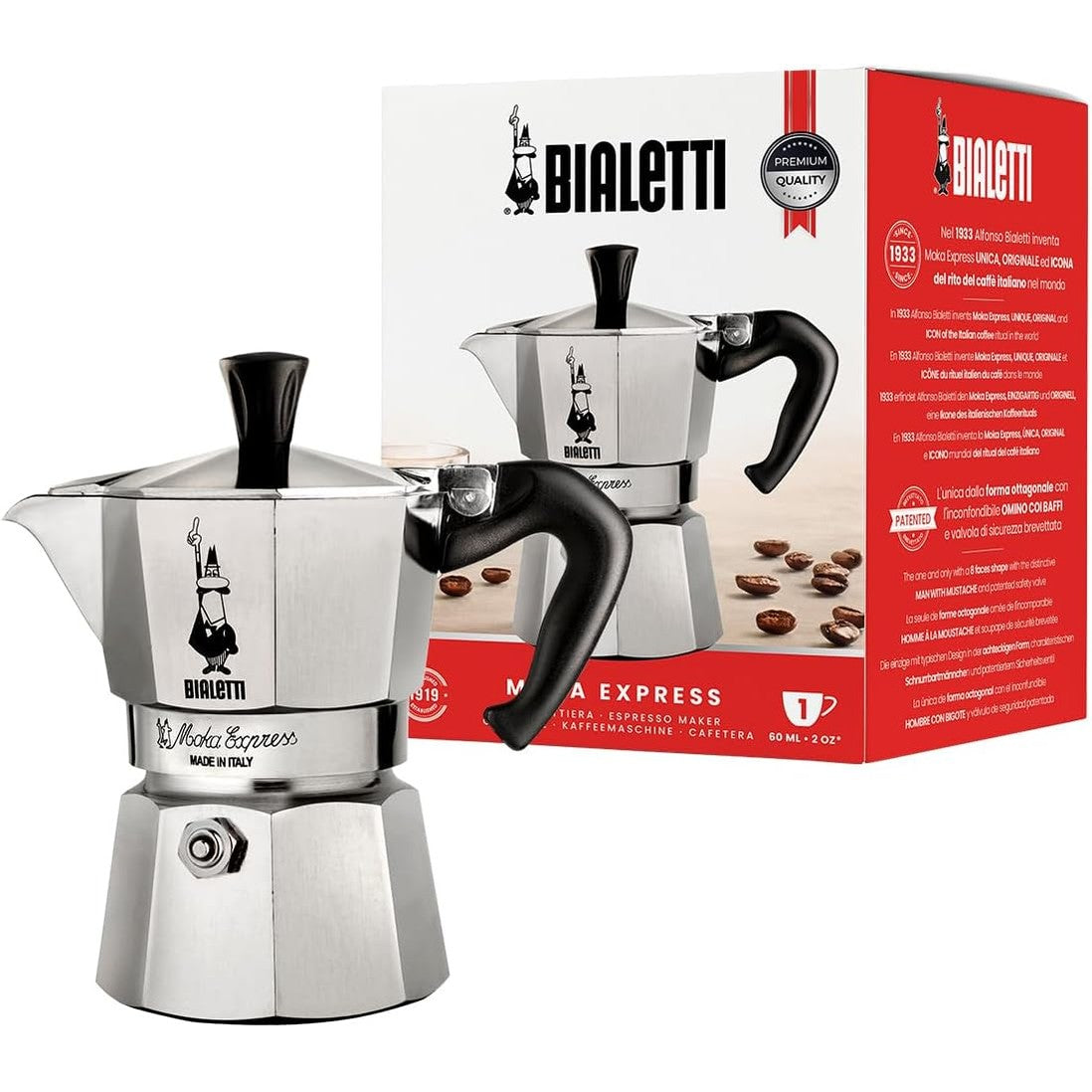 196508 - BIALETTI - Makinë Ekspreso Moka Express 1 Filxhan (60 ml), Alumin, Argjend