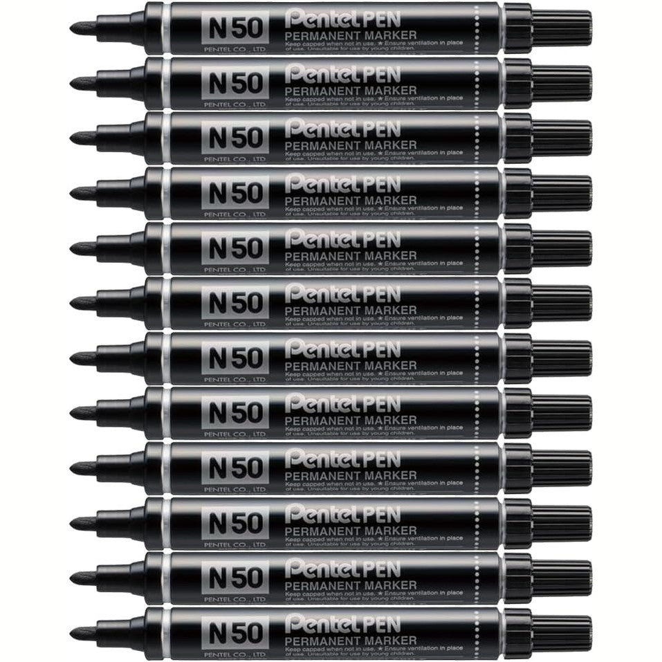 266740 - PENTEL Pen N50 Pako me 12 shënjues të përhershëm, majë konike të mesme, të zezë