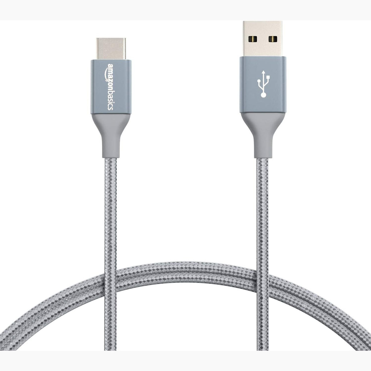 296446 - AMAZON BASICS Kabllo karikimi të shpejtë USB-C në USB-A 2.0, i mbështjellë me gërshetim najloni, 480 Mbps, i certifikuar USB-IF, për Apple iPhone 16/15, iPad, Samsung Galaxy, tableta, laptopë, 0.9 m, gri e errët.