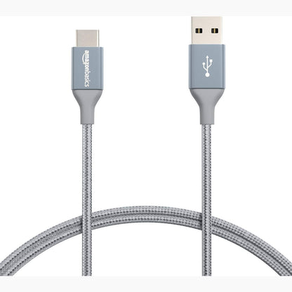296446 - AMAZON BASICS Kabllo karikimi të shpejtë USB-C në USB-A 2.0, i mbështjellë me gërshetim najloni, 480 Mbps, i certifikuar USB-IF, për Apple iPhone 16/15, iPad, Samsung Galaxy, tableta, laptopë, 0.9 m, gri e errët.