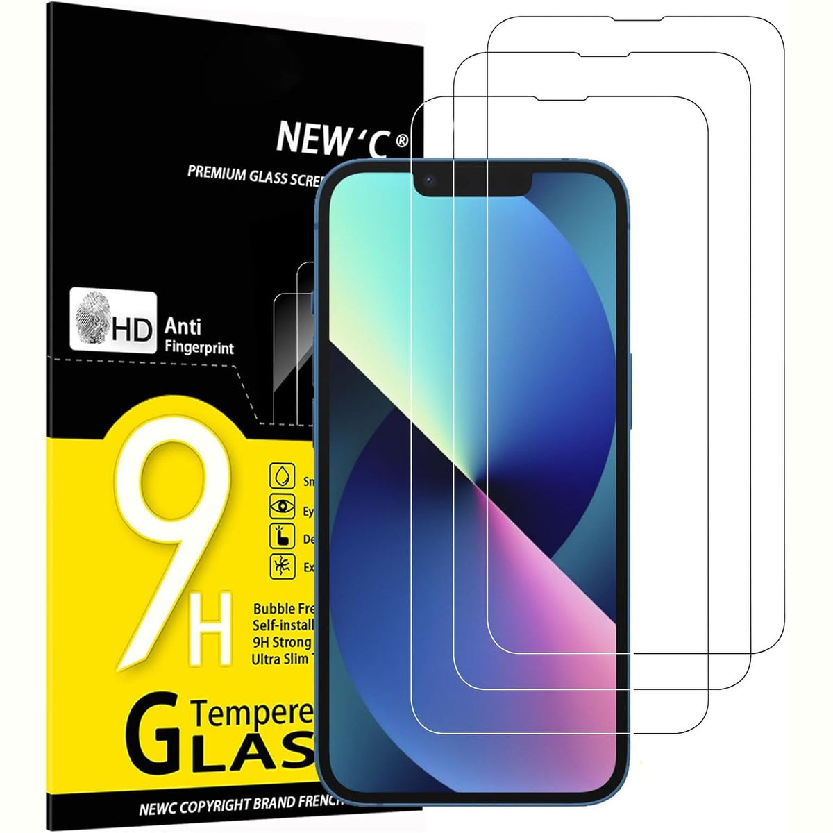 310514 - RE'C Mbrojtëse ekrani prej qelqi të temperuar për iPhone 14, iPhone 13, iPhone 13 Pro (6.1 inç), 3 copë, 0.33 mm HD ultra e qartë, fortësi 9H