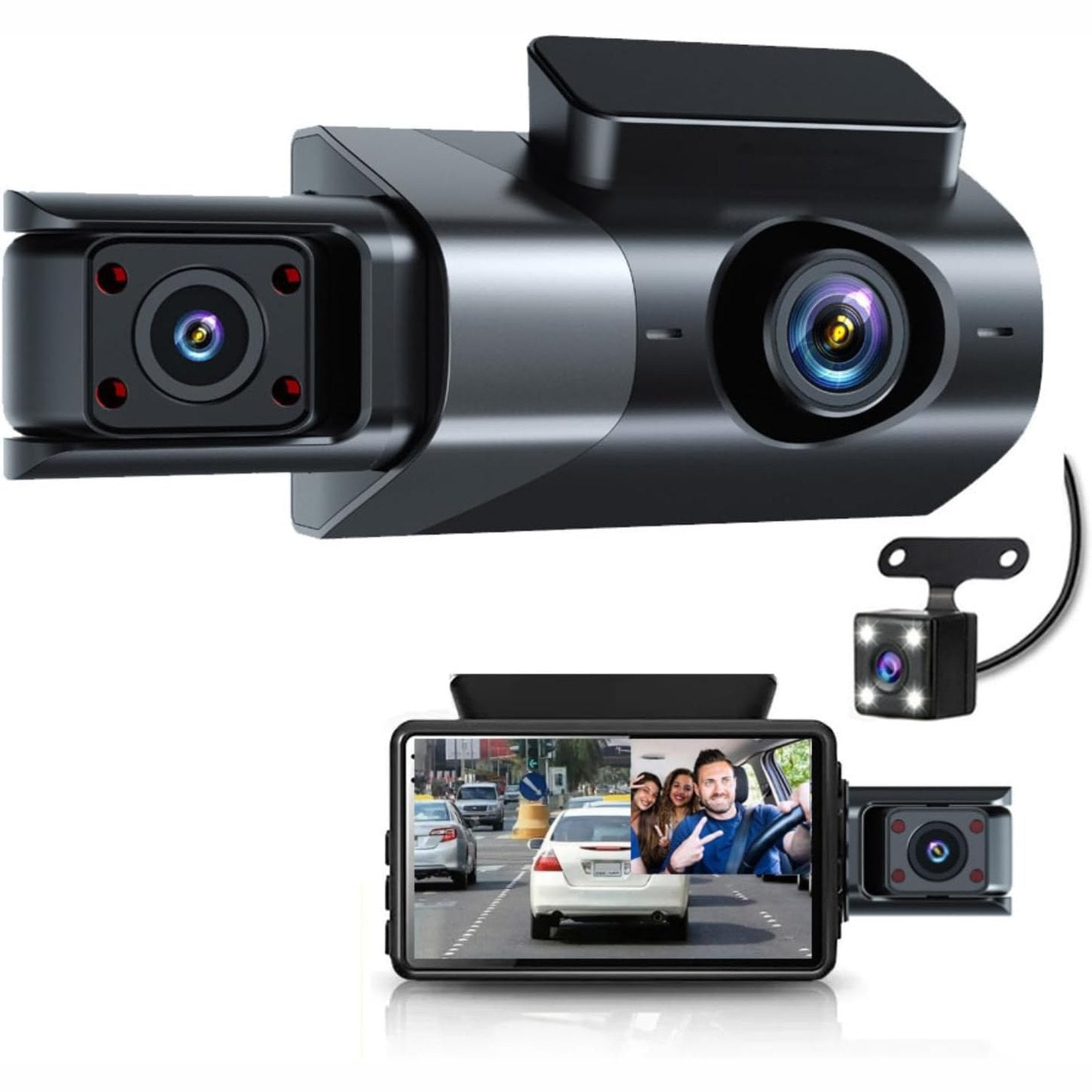 268322 - Kamera 3 Kanalesh përpara dhe mbrapa, 1080P HD, Kamera e Trefishtë e Makinës me Ekran 3 inç, Shikim Nate, Kënd i Gjerë 170°, Sensor G, Regjistrim në Loop